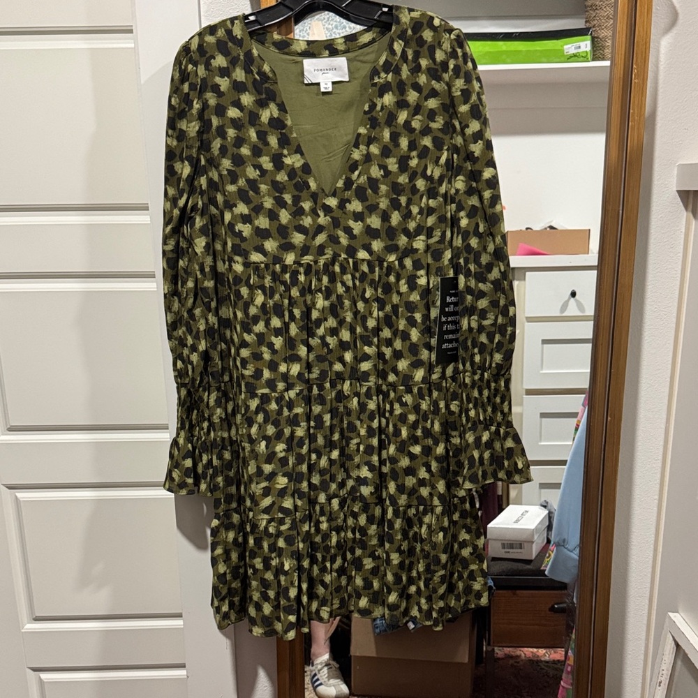 Tuckernuck: Pomander Place Olive and Black Printed Tiered V-Neck Midi Dress